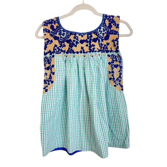Mi Golondrina Flores Embroidered Mexican Top Blouse Blue Gingham Tuckernuck - Picture 2 of 4